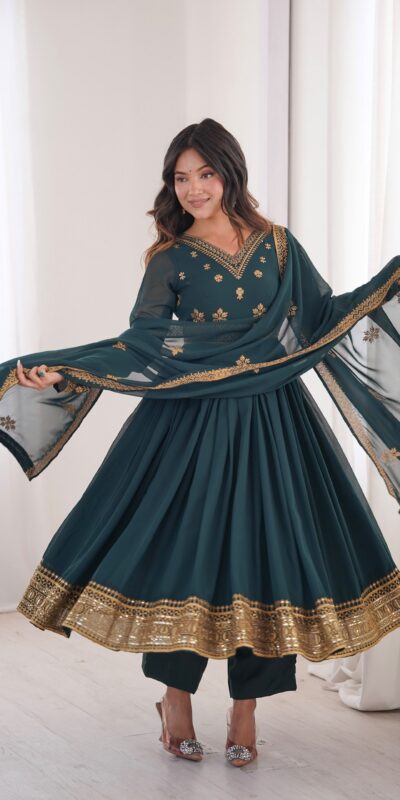 Shiny Teal Faux Georgette Sequence Work Anarkali Suit