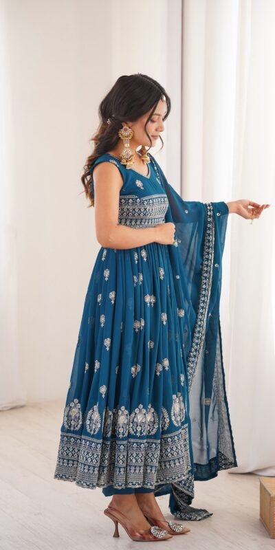 Shiny Teal Faux Georgette Sequence Work Anarkali Suit