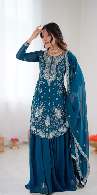 Shiny Teal Faux Georgette Sequence Work Salwar Suit