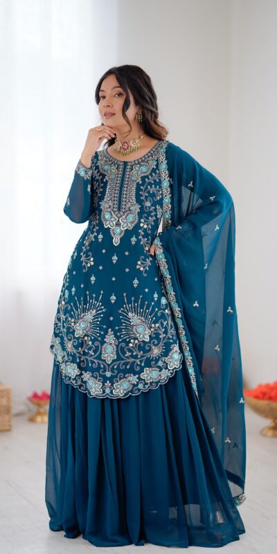 Shiny Teal Faux Georgette Sequence Work Salwar Suit