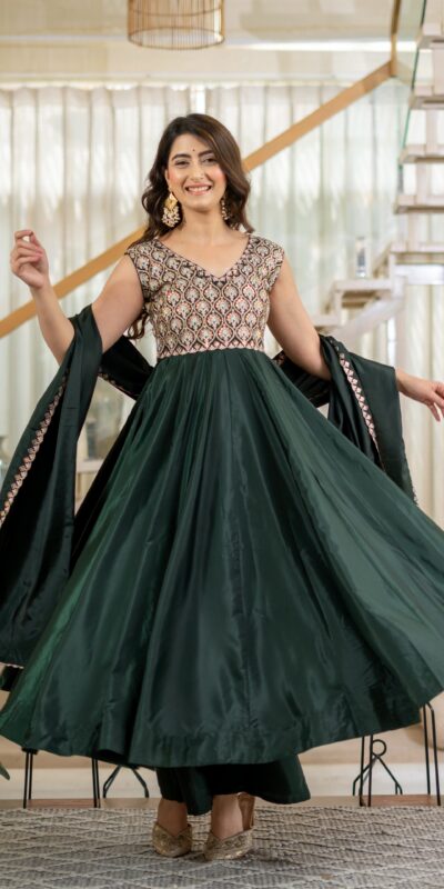 Shiny Teal Neutral Crepe Silk Embroider Work Salwar Suit