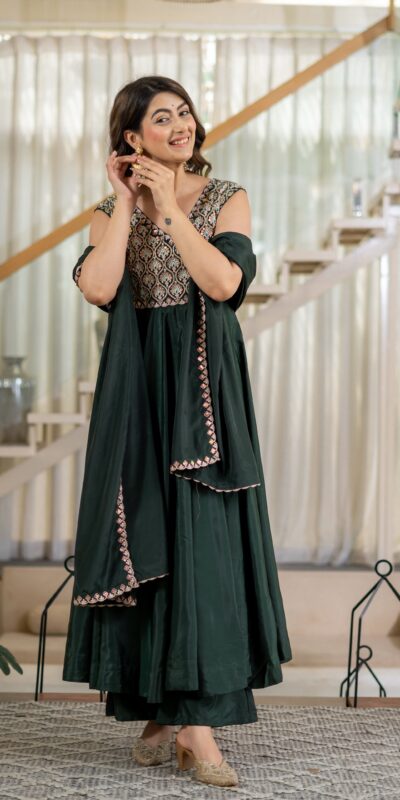 Shiny Teal Neutral Crepe Silk Embroider Work Salwar Suit