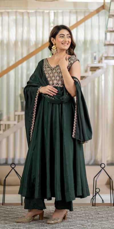 Shiny Teal Neutral Crepe Silk Embroider Work Salwar Suit
