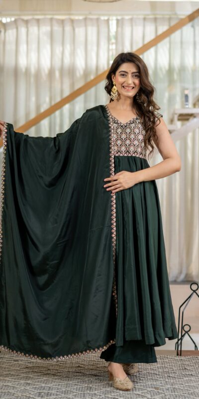Shiny Teal Neutral Crepe Silk Embroider Work Salwar Suit