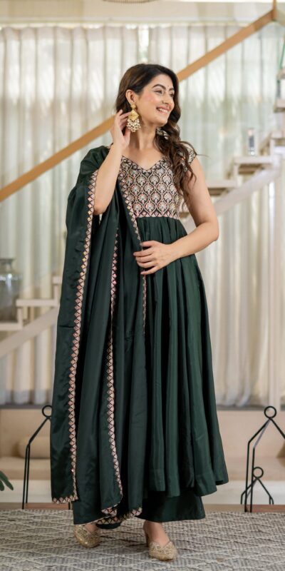 Shiny Teal Neutral Crepe Silk Embroider Work Salwar Suit