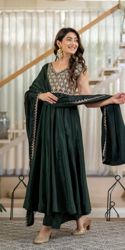 Shiny Teal Neutral Crepe Silk Embroider Work Salwar Suit