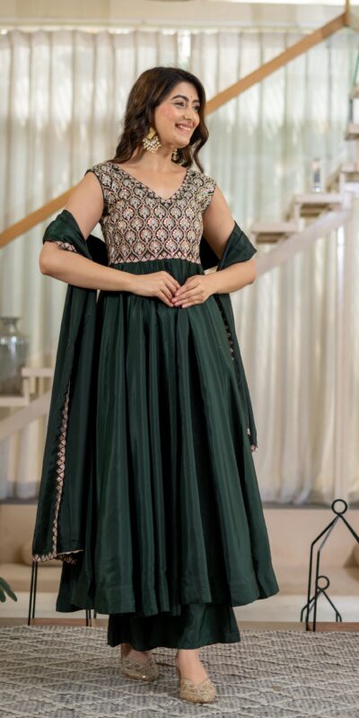 Shiny Teal Neutral Crepe Silk Embroider Work Salwar Suit