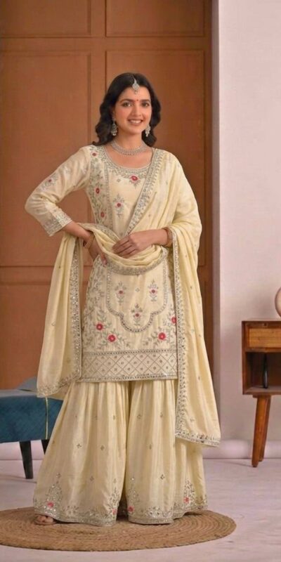 Shiny White Natural Crepe Silk Embroidery Work Salwar Suit