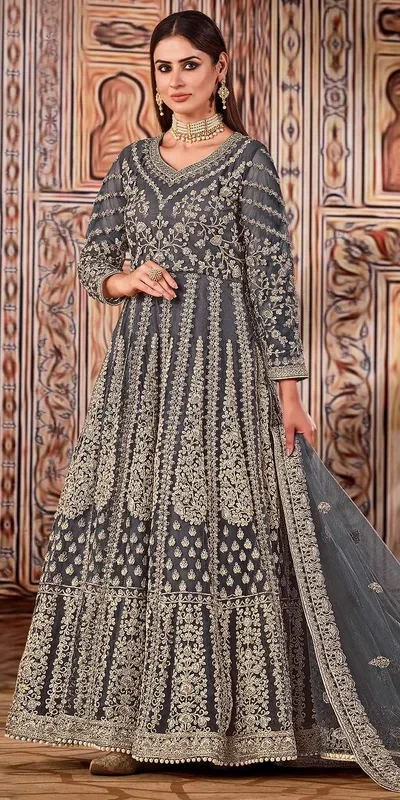 Super Grey Butterfly Net Sequins Work Salwar Suit