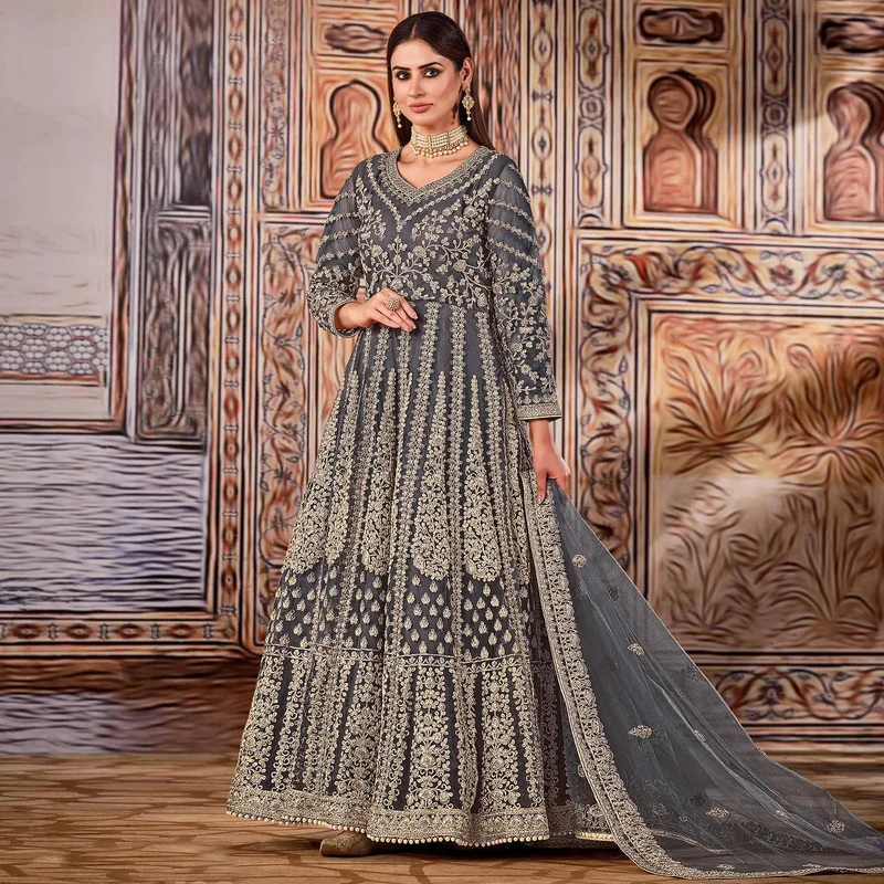 Super Grey Butterfly Net Sequins Work Salwar Suit