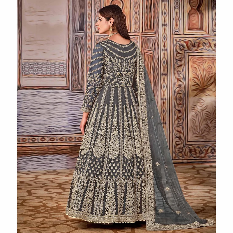 Super Grey Butterfly Net Sequins Work Salwar Suit