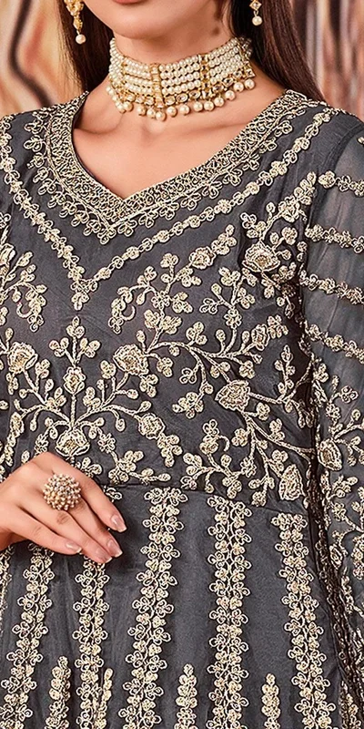 Super Grey Butterfly Net Sequins Work Salwar Suit