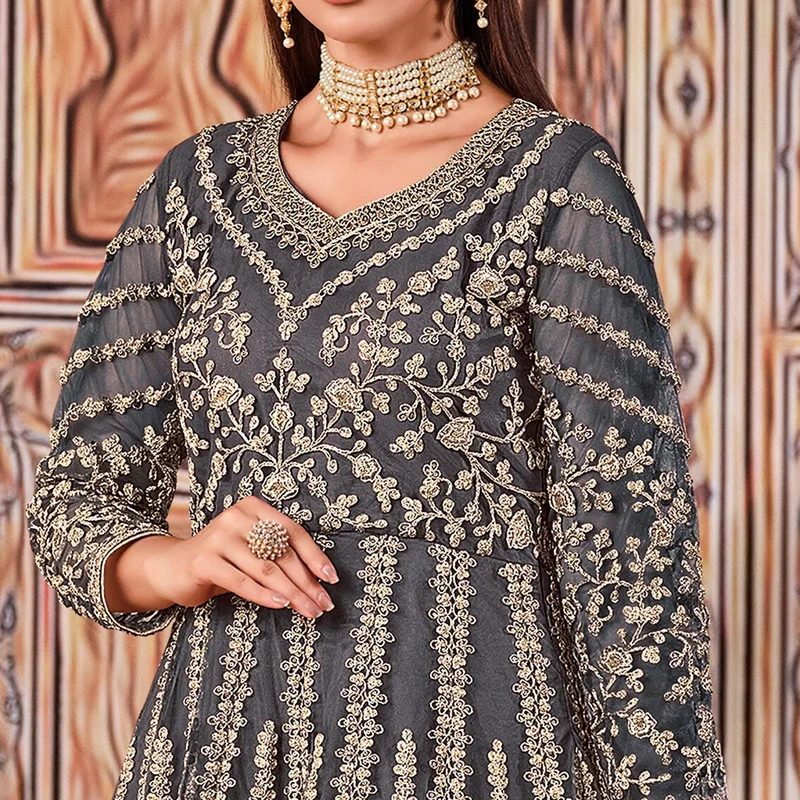 Super Grey Butterfly Net Sequins Work Salwar Suit