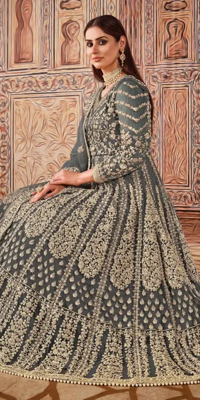 Super Grey Butterfly Net Sequins Work Salwar Suit