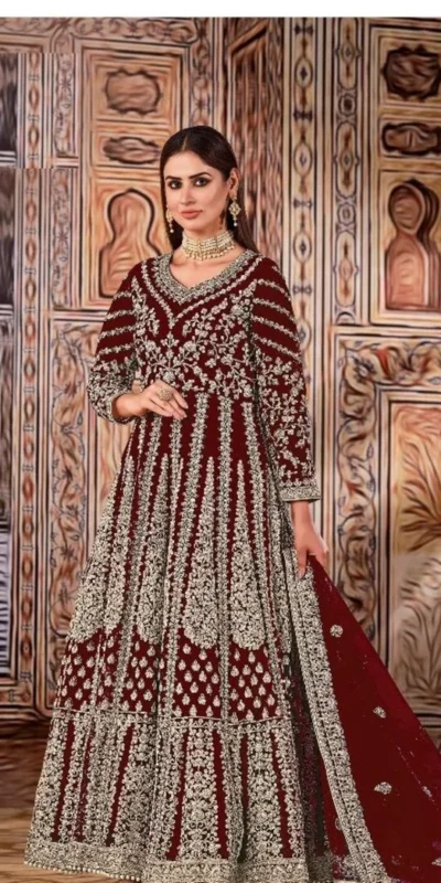 Super Maroon Butterfly Net Sequins Work Salwar Suit