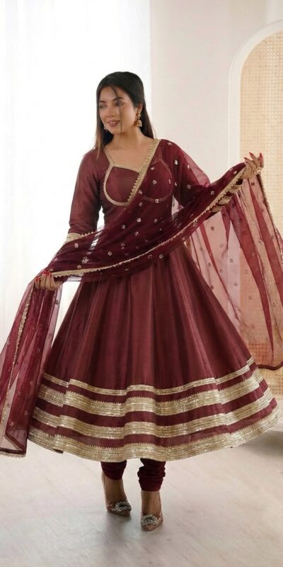 Super Maroon Cosmos Gold Embroidery Work Gown
