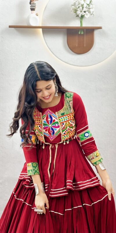 Super Maroon Cotton Mirror Gamthi Work Lehenga Choli