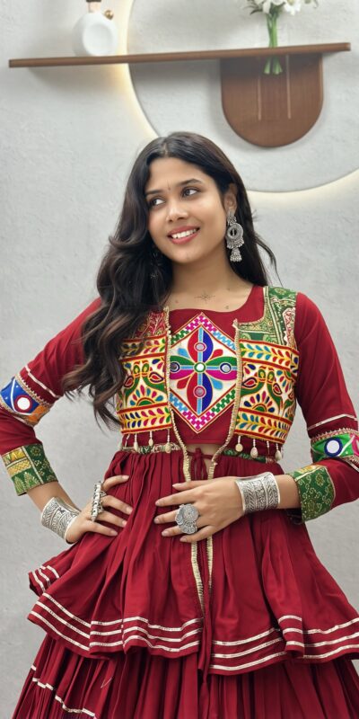 Super Maroon Cotton Mirror Gamthi Work Lehenga Choli