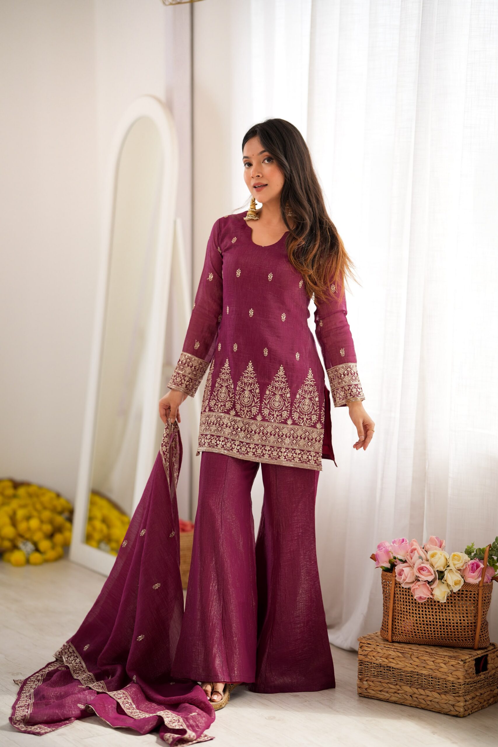 Super Maroon Crunchy Silk Sequence Work Salwar Suit
