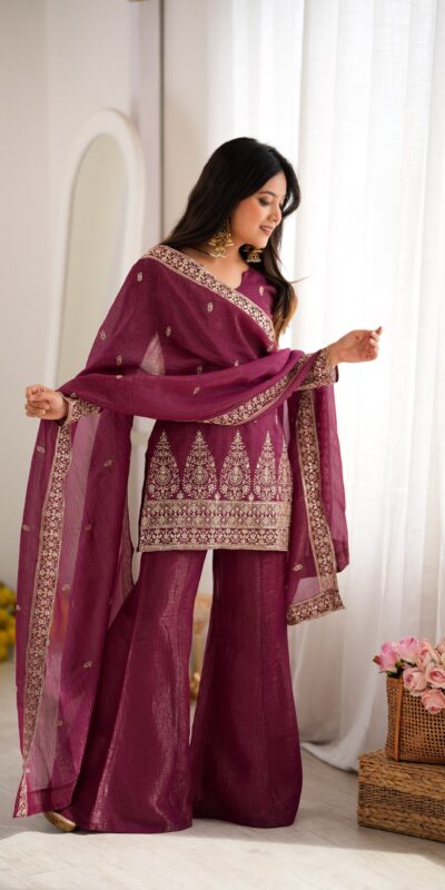 Super Maroon Crunchy Silk Sequence Work Salwar Suit