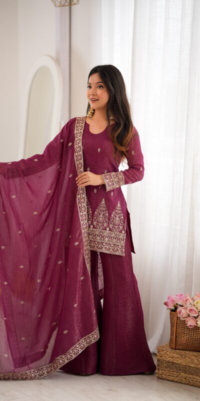 Super Maroon Crunchy Silk Sequence Work Salwar Suit