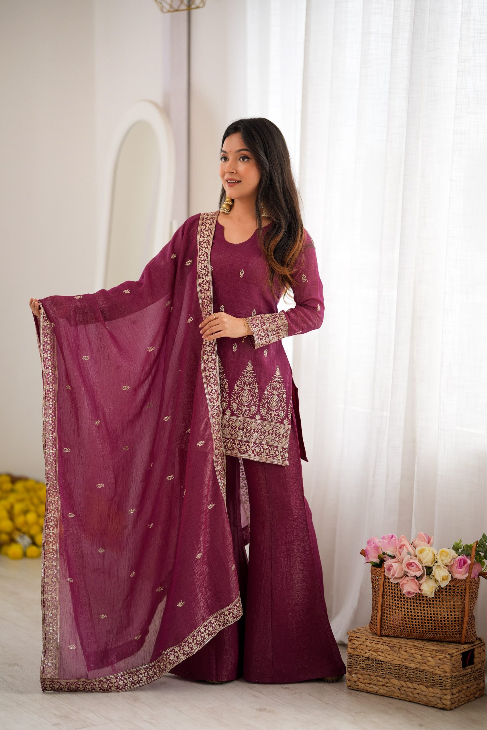 Super Maroon Crunchy Silk Sequence Work Salwar Suit