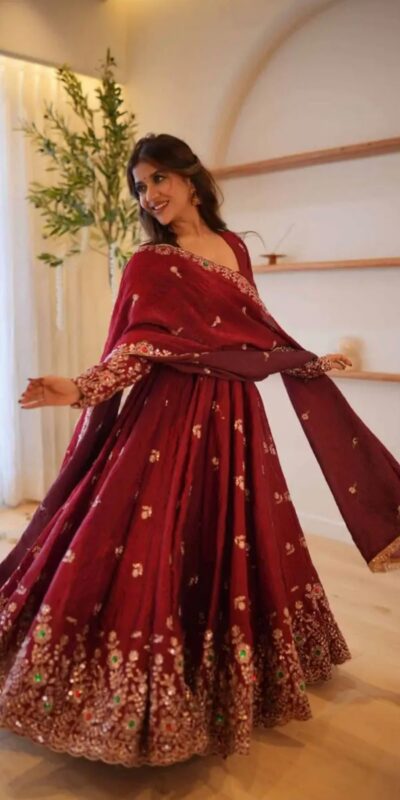 Super Maroon Doremon Crush Sequence Work Gown