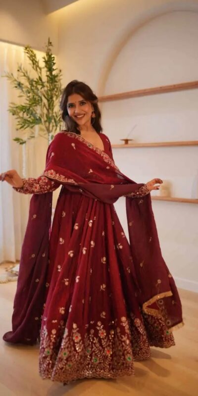 Super Maroon Doremon Crush Sequence Work Gown