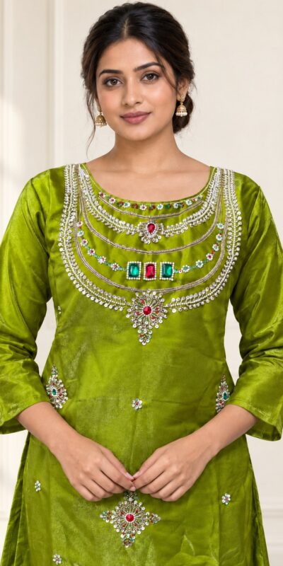 Super Mehendi Glass Silk Zari Stone Work Salwar Suit
