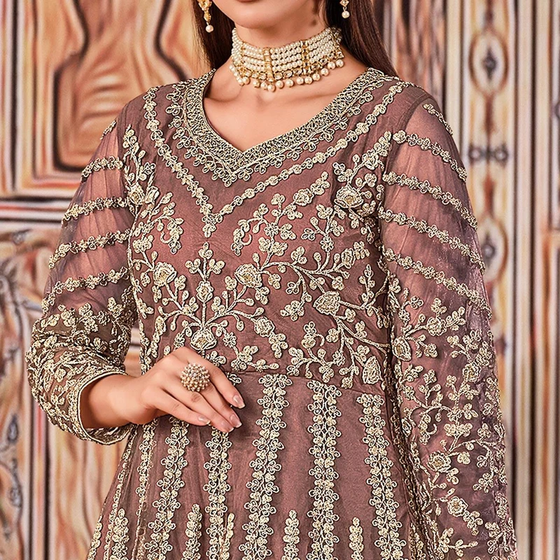 Super Peach Butterfly Net Sequins Work Salwar Suit