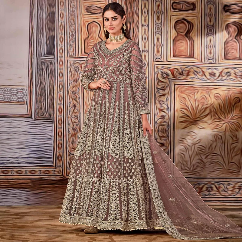Super Peach Butterfly Net Sequins Work Salwar Suit
