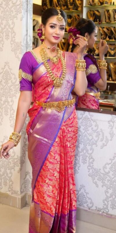 Super Pink Soft Lichi Silk Jacquard Border Saree