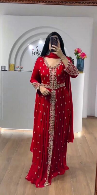 Super Red Faux Georgette Sequence Work Gown