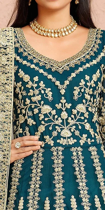 Super Teal Butterfly Net Sequins Work Salwar Suit