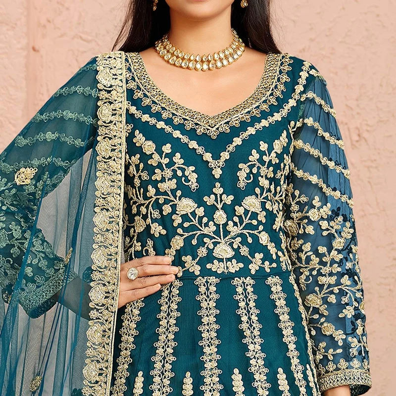 Super Teal Butterfly Net Sequins Work Salwar Suit