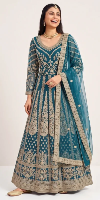 Super Teal Butterfly Net Sequins Work Salwar Suit