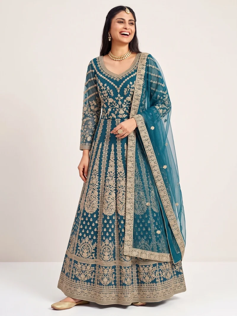Super Teal Butterfly Net Sequins Work Salwar Suit