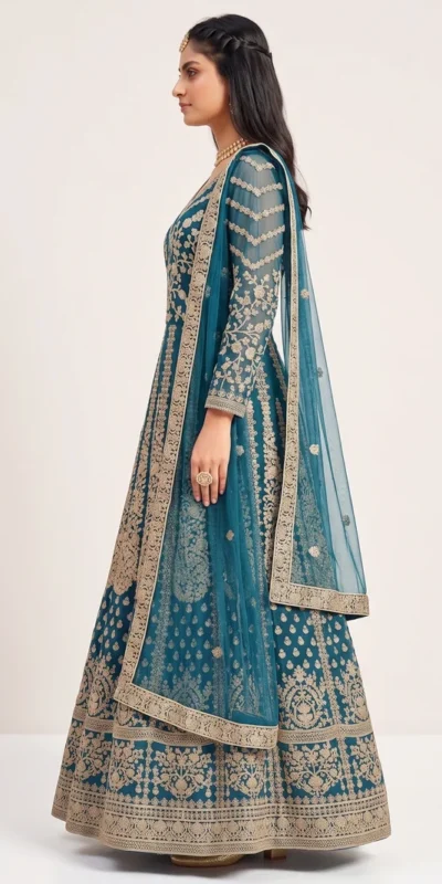 Super Teal Butterfly Net Sequins Work Salwar Suit