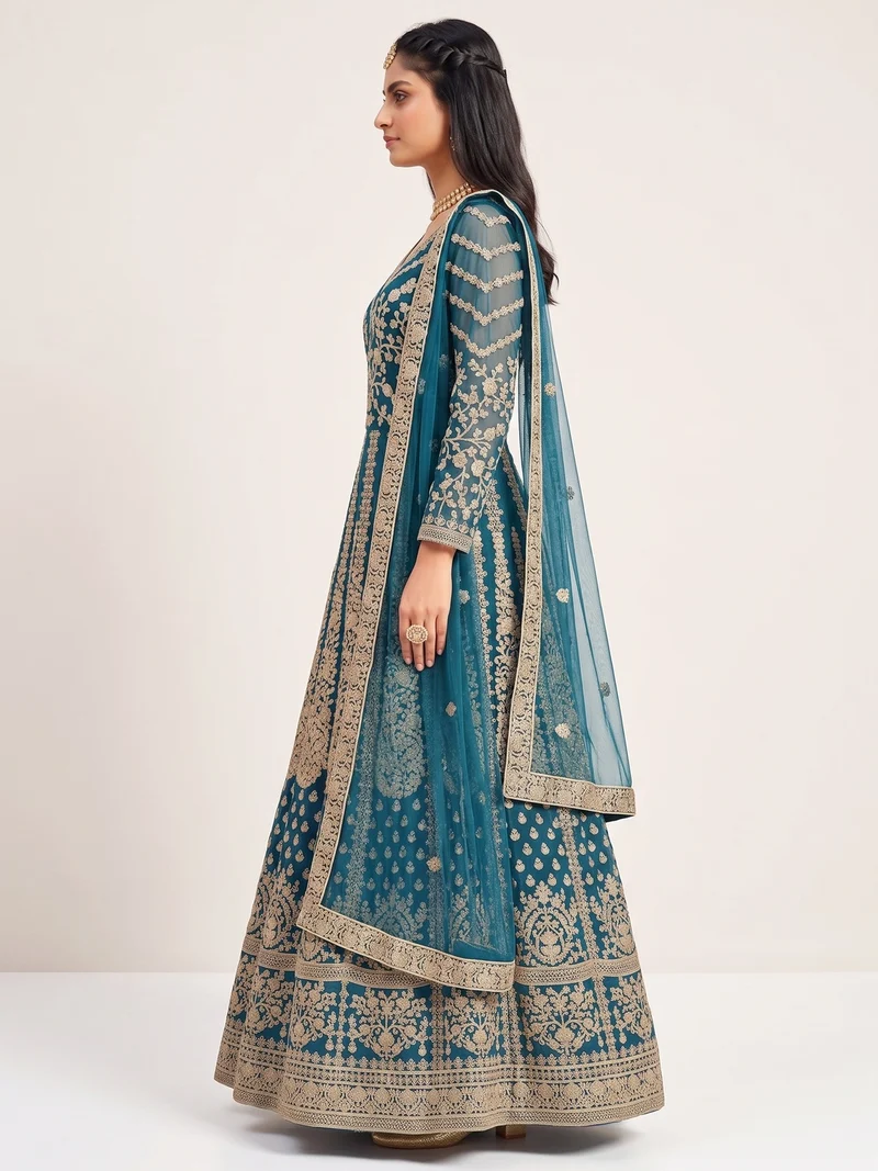 Super Teal Butterfly Net Sequins Work Salwar Suit