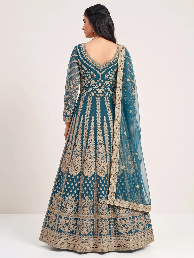 Super Teal Butterfly Net Sequins Work Salwar Suit