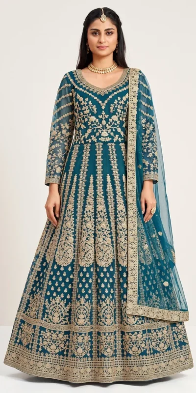 Super Teal Butterfly Net Sequins Work Salwar Suit
