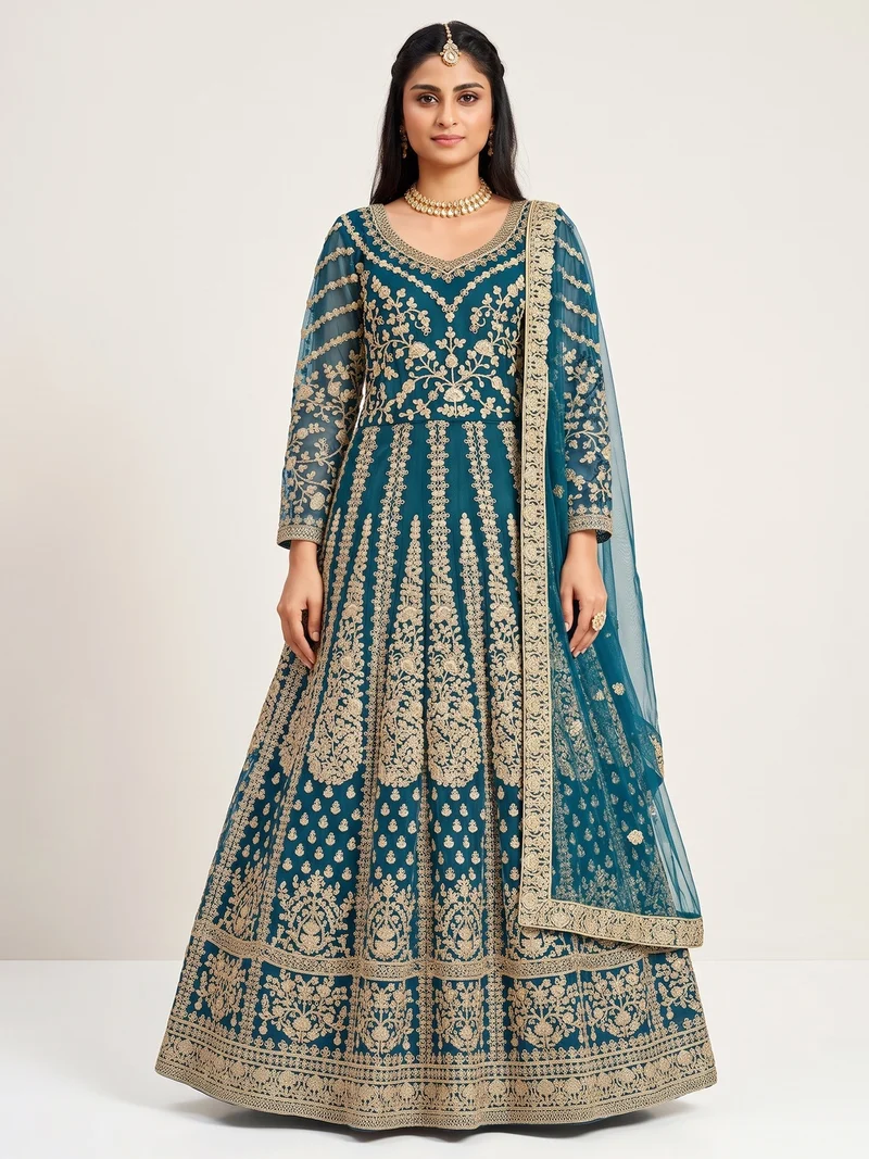 Super Teal Butterfly Net Sequins Work Salwar Suit