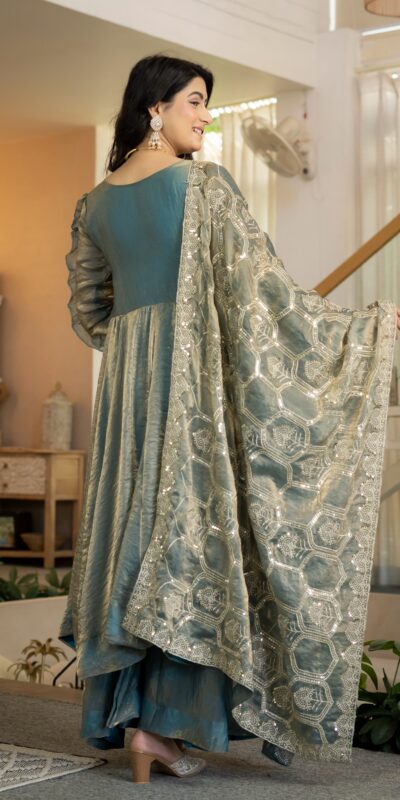Super Teal Fandy Silk Sequins Work Salwar Suit