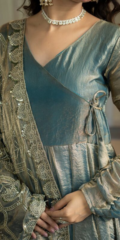 Super Teal Fandy Silk Sequins Work Salwar Suit