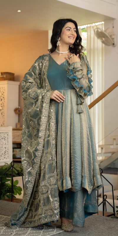 Super Teal Fandy Silk Sequins Work Salwar Suit