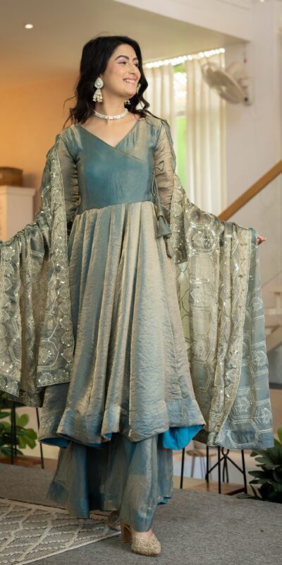 Super Teal Fandy Silk Sequins Work Salwar Suit
