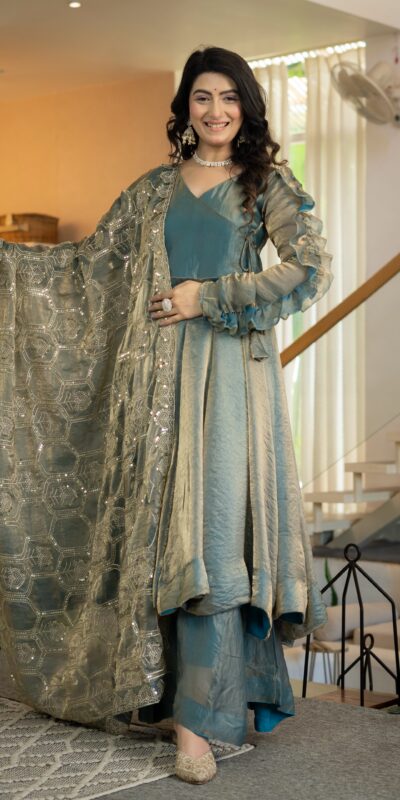 Super Teal Fandy Silk Sequins Work Salwar Suit