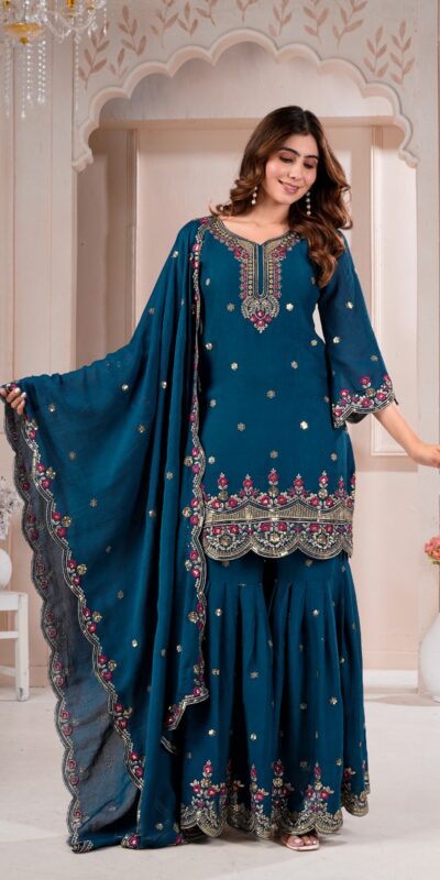 Super Teal Rangoli Crush Embroidery Work Salwar Suit