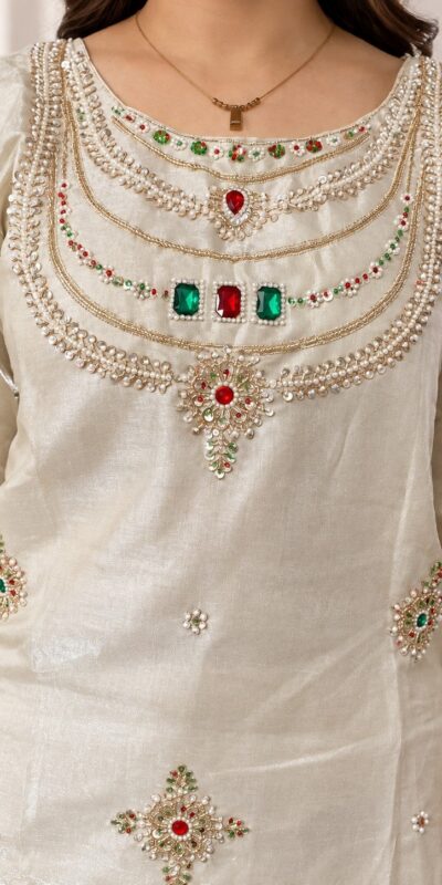 Super White Glass Silk Zari Stone Work Salwar Suit