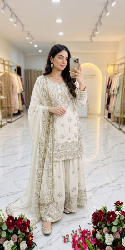 Super White NC Zimmy Silk Embroidery Work Salwar Suit